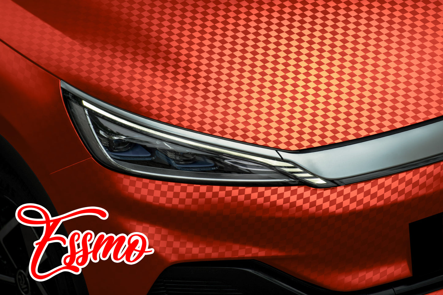 PET Chrome Checker Carbon Fiber Satin Red Vinyl Wrap