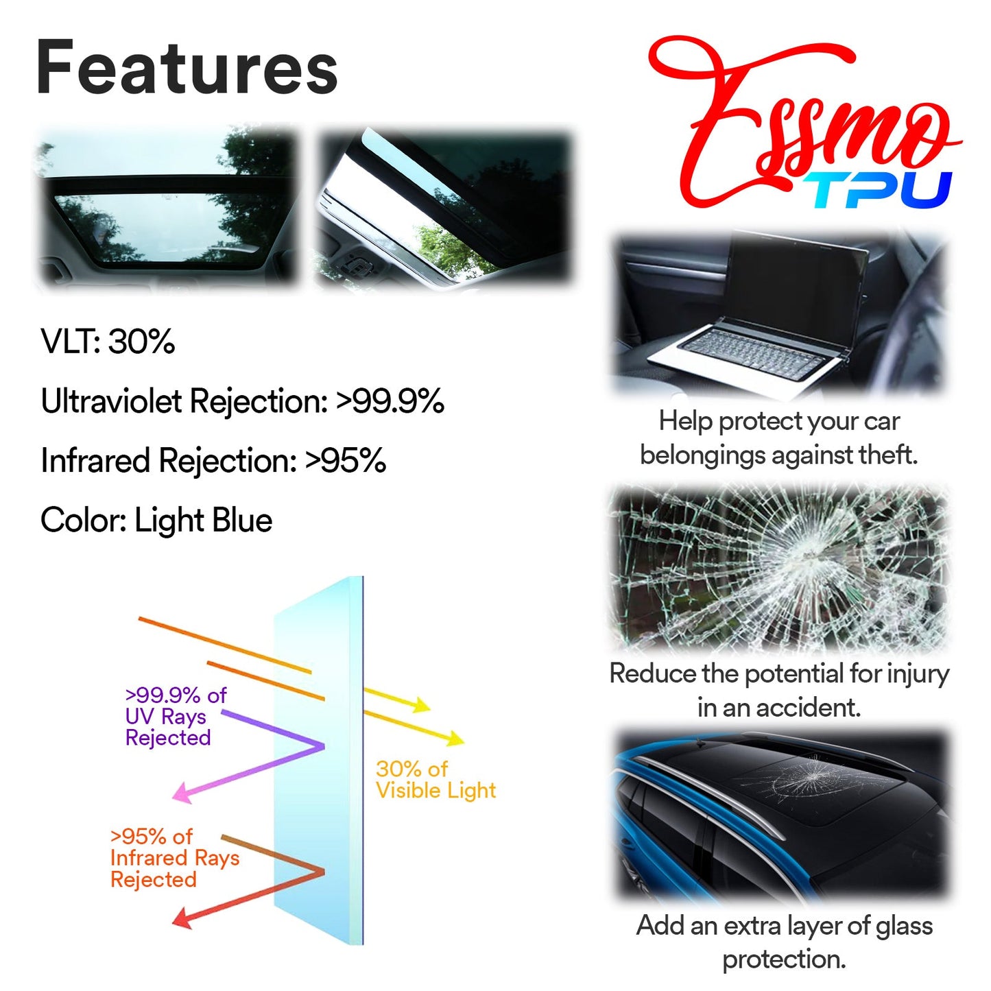 PPF Paint Protection Film Security Light Blue Glass Sunroof Clear Bra VLT70% UV99% Block Windshield